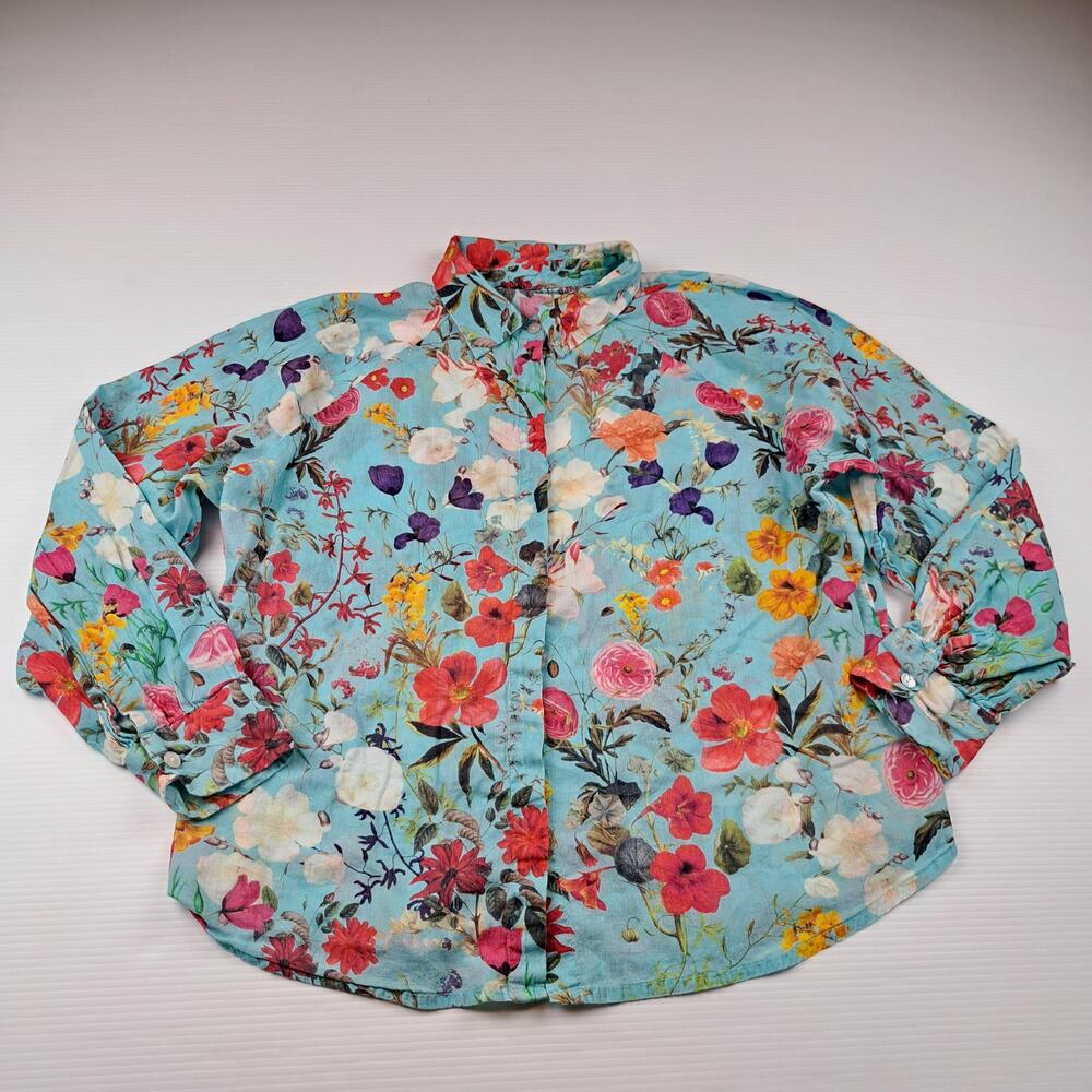 Premise Shirt Womens Large Blue Floral Multicolor Button Cotton Long Sleeve Top